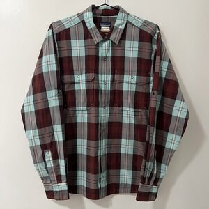 Patagonia Mens M Plaid Snap Front Long Sleeve Shirt Maroon Blue Synthetic Blend